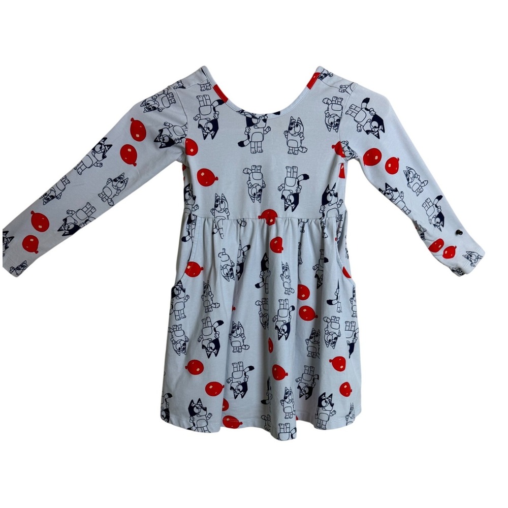 Hanna Andersson Bluey Dress Kids 5 Light Blue Long Sleeve Pockets Cartoon Print